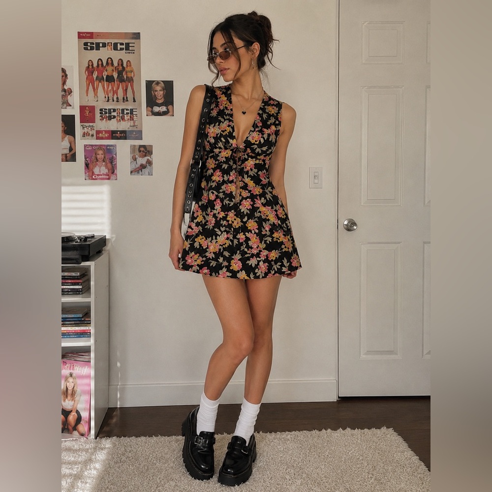 Aakaa Black Tropical Floral Printed Surplice Front Mini Dress With Back Cutout